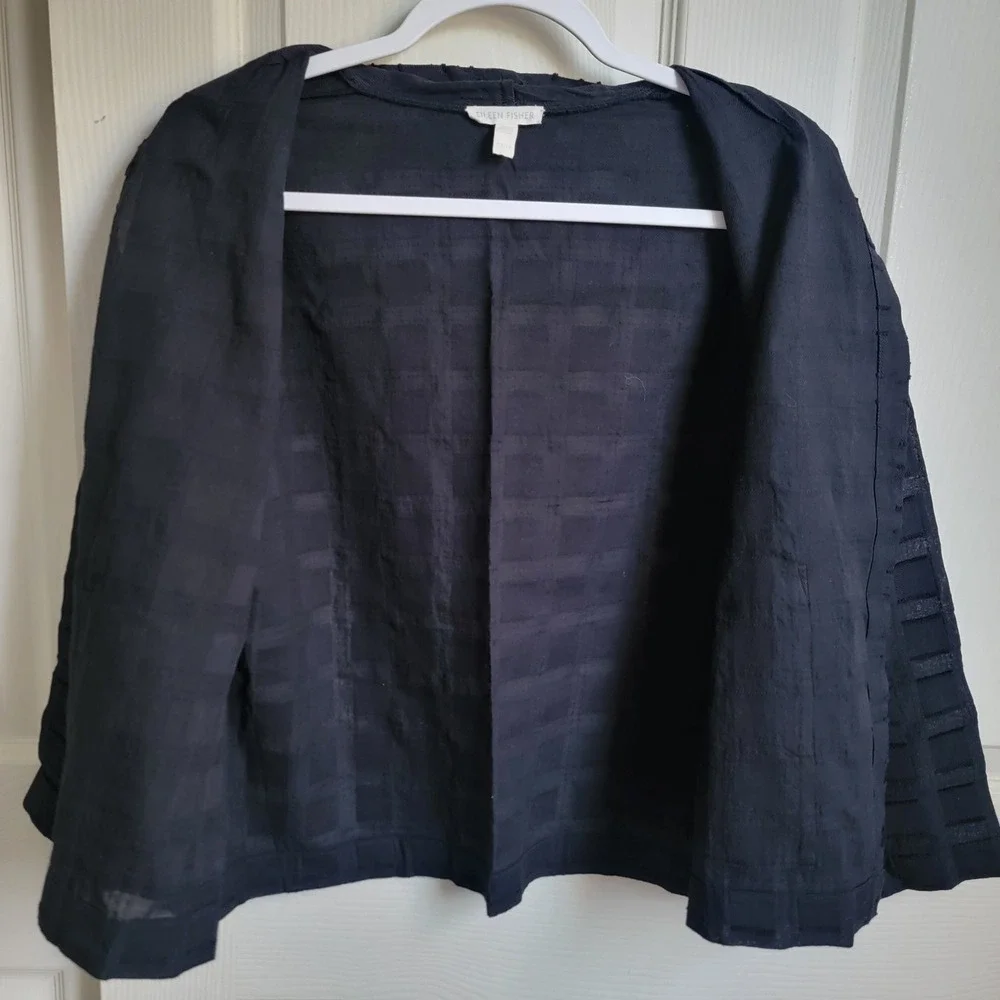 EILEEN FISHER Black Organic Cotton Textured Kimono Jacket 3/4‎ Sleeve Open Front